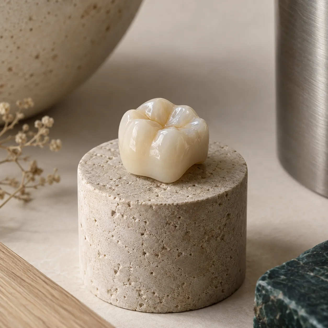 A single ceramic dental crown on a small stone pedestal