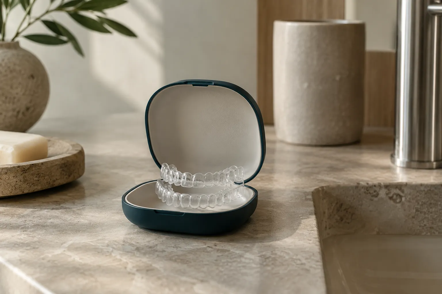 A pair of clear dental aligners resting in an open case