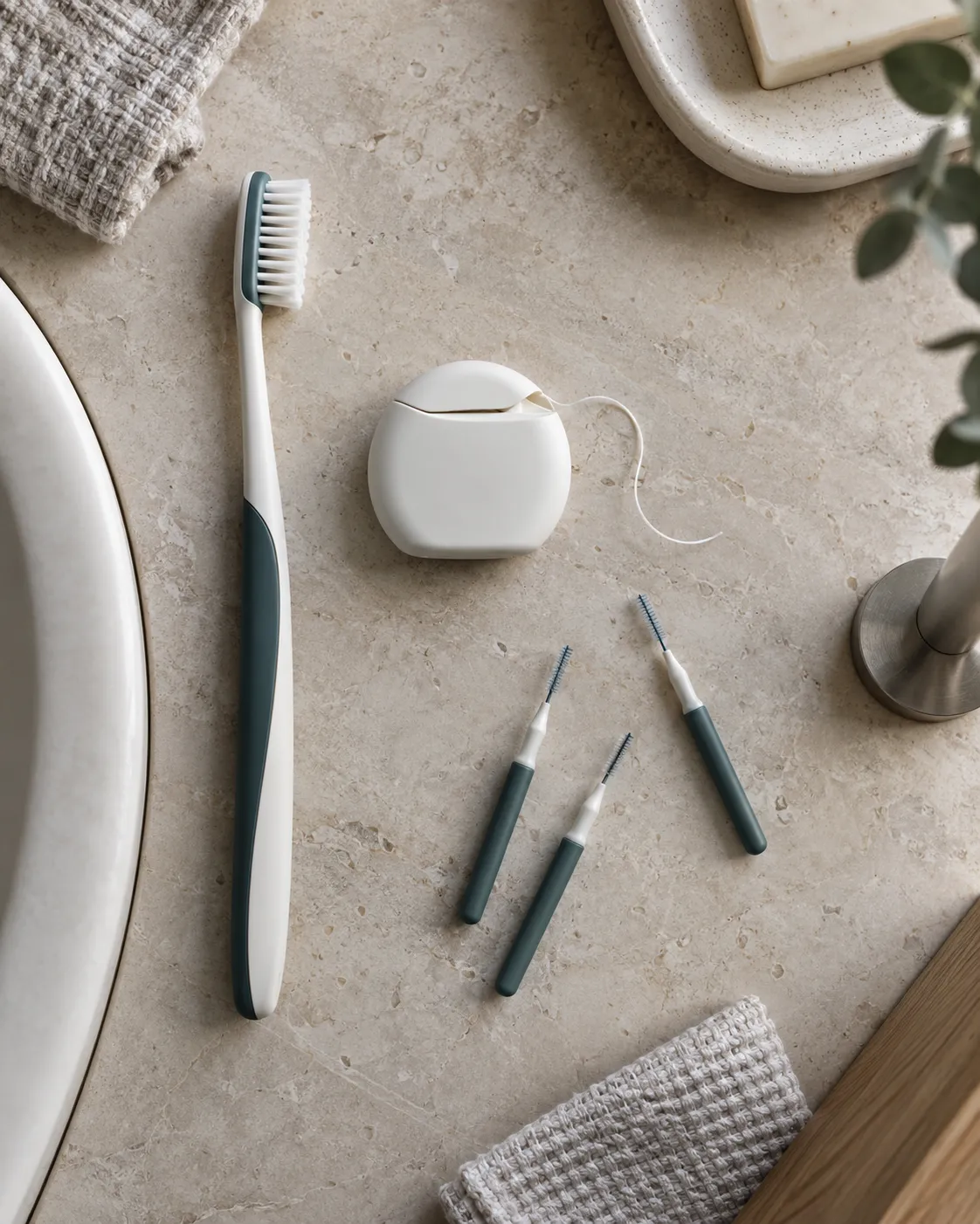 Toothbrush, floss and interdental brushes laid out for a hygiene appointment
