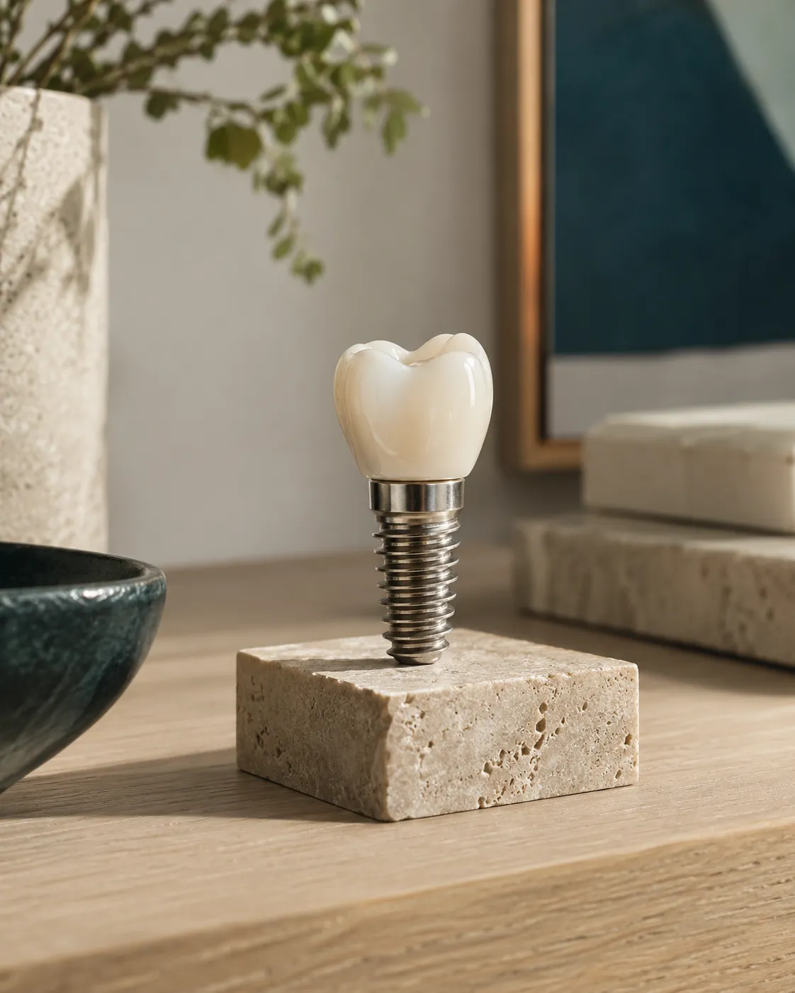 Dental implant model showing a titanium post beneath a ceramic crown