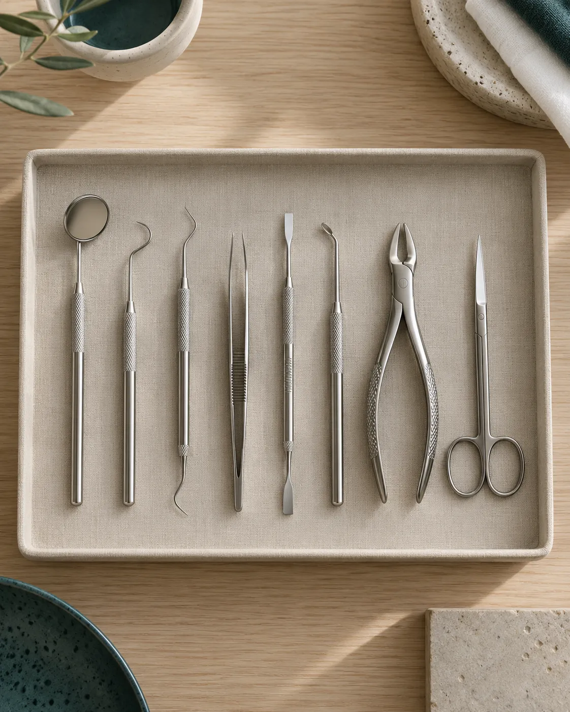 Dental instruments laid in a neat row on a tray