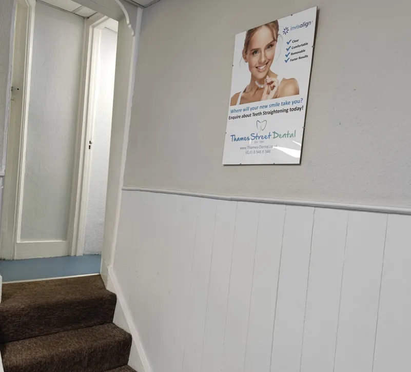 The staircase up to the first-floor practice in the Grade II listed building
