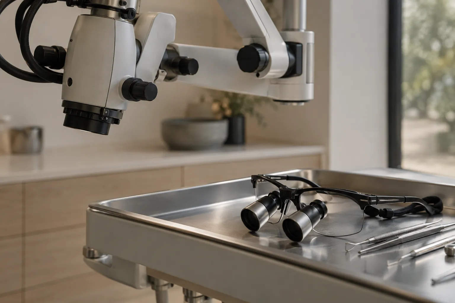 Magnifying loupes and dental instruments resting on a tray