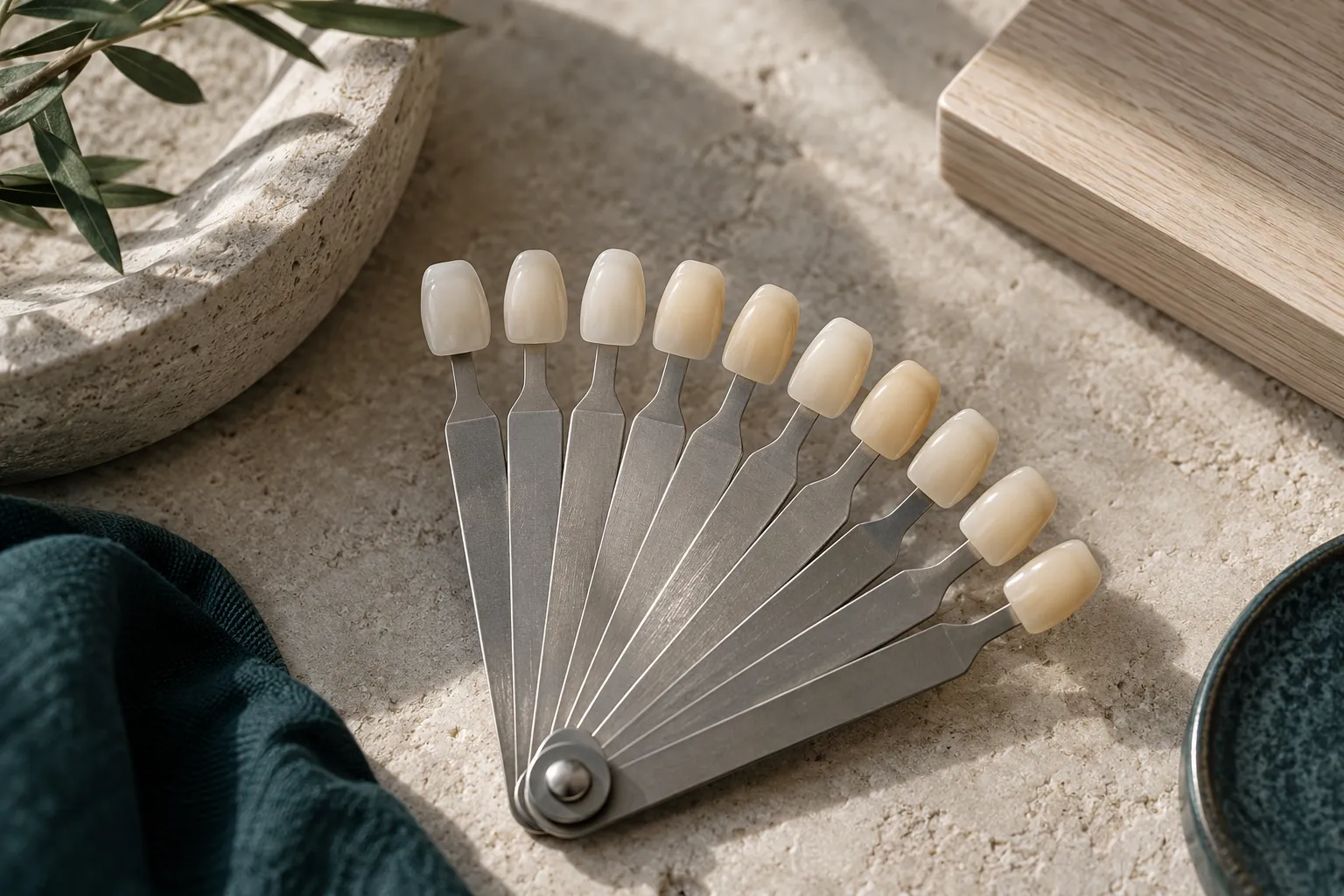 Veneer shade guide tabs fanned out on a stone surface