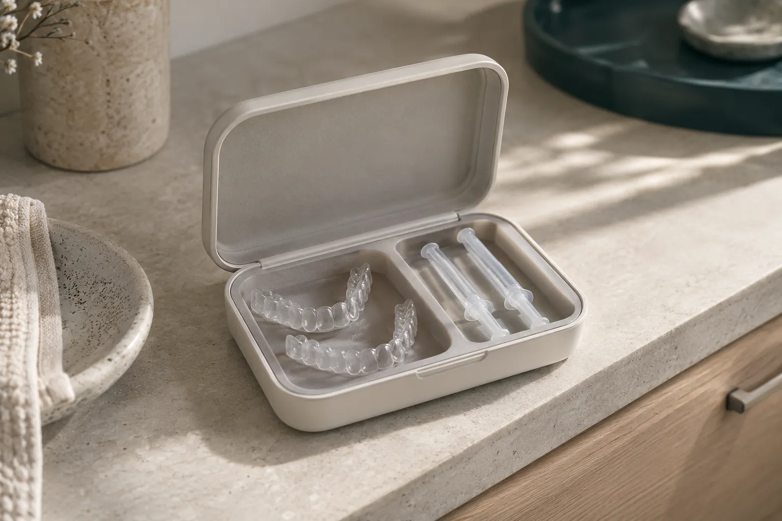 Custom clear teeth whitening trays and gel syringes in an open case